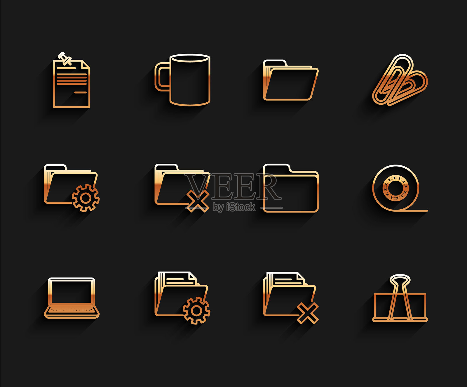 设置文件夹、齿轮图标、便签纸、删除文件夹、长尾夹、胶带和文档图标的线性笔记本矢量图插画图片素材