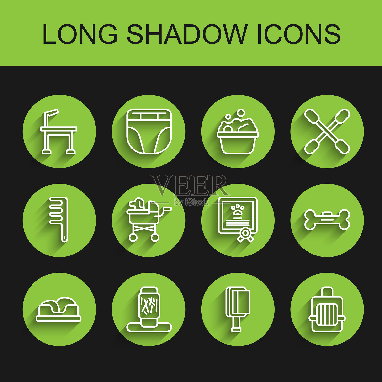 宠物床、猫抓板、美容桌、宠物毛刷、宠物航空箱、宠物推车、狗骨头和证书图标的线条集合。矢量图插画图片素材