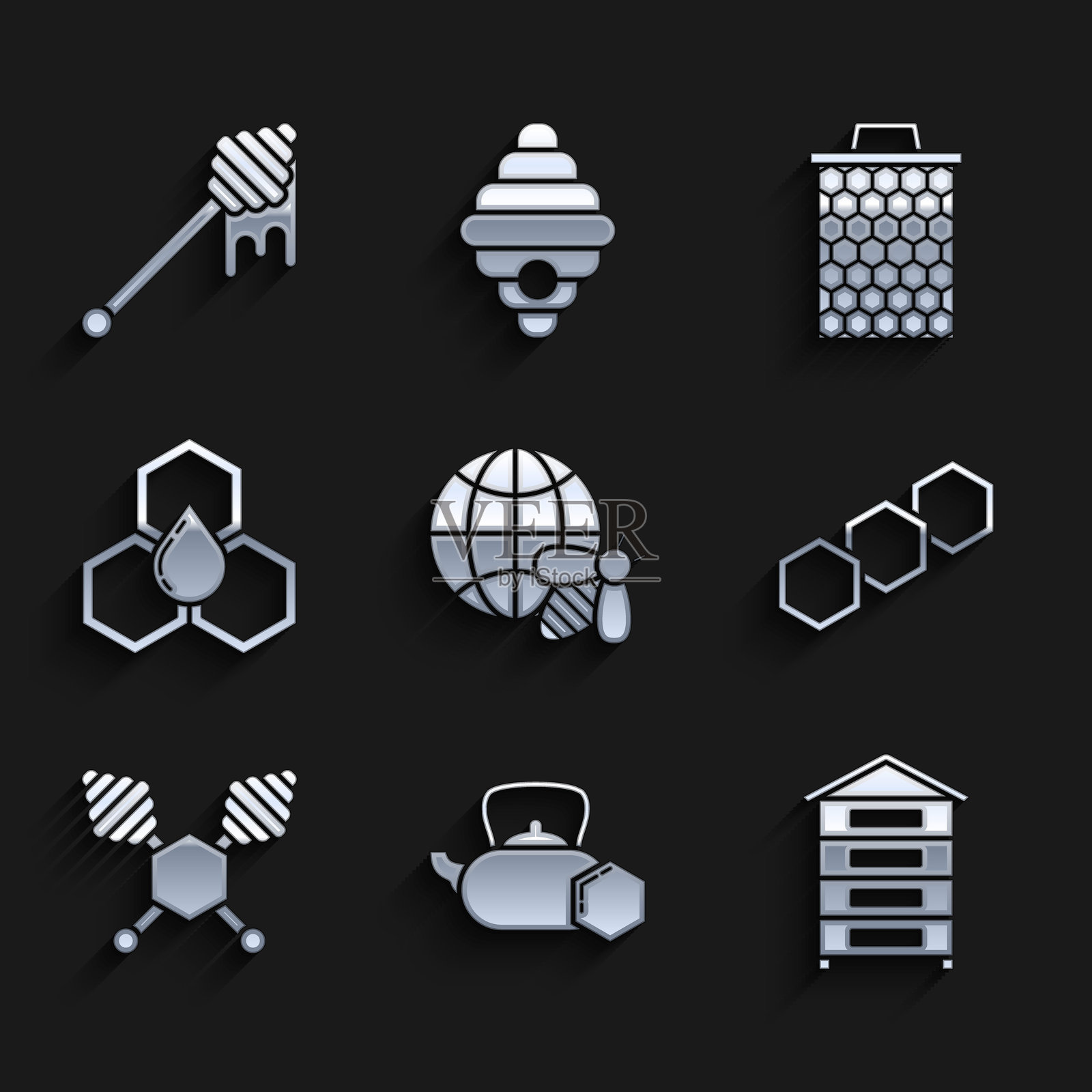 蜂巢世界地图和蜜蜂、蜂蜜茶壶、蜂箱、蜂蜜勺和滴漏图标套装。矢量图插画图片素材