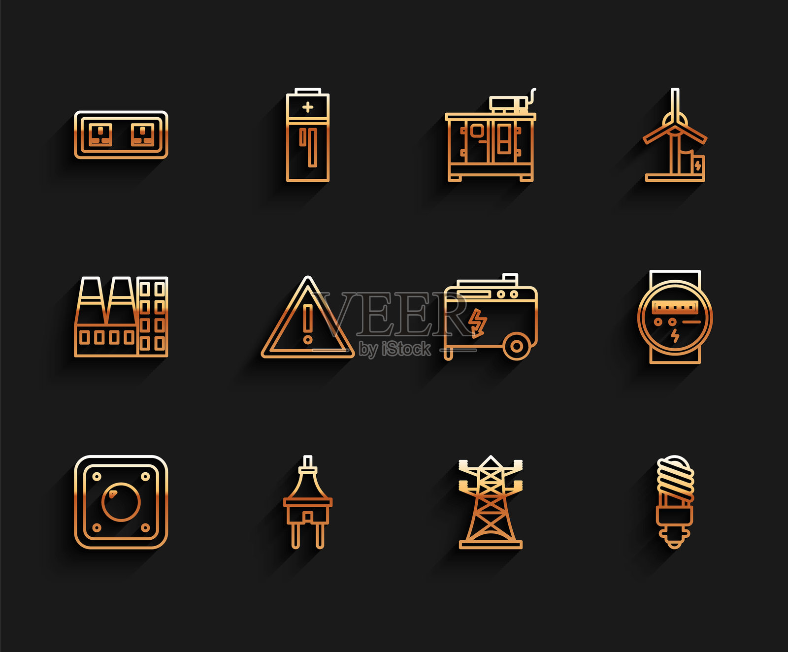 线形电灯开关、插头、电源插座、高压电线杆、LED灯泡、感叹号三角形、电表和便携式发电机图标。矢量图插画图片素材