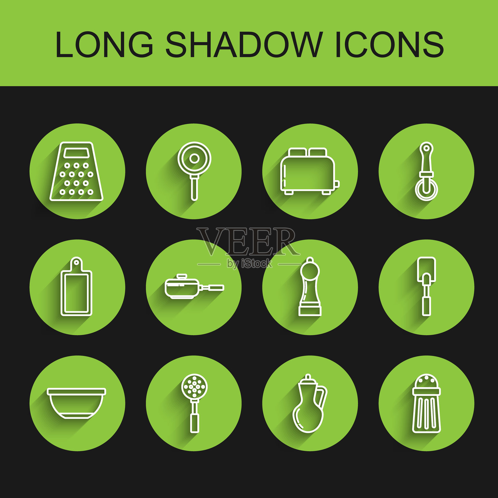 一套碗、抹刀、刨丝器、橄榄油瓶、盐、平底锅和胡椒图标。矢量图插画图片素材