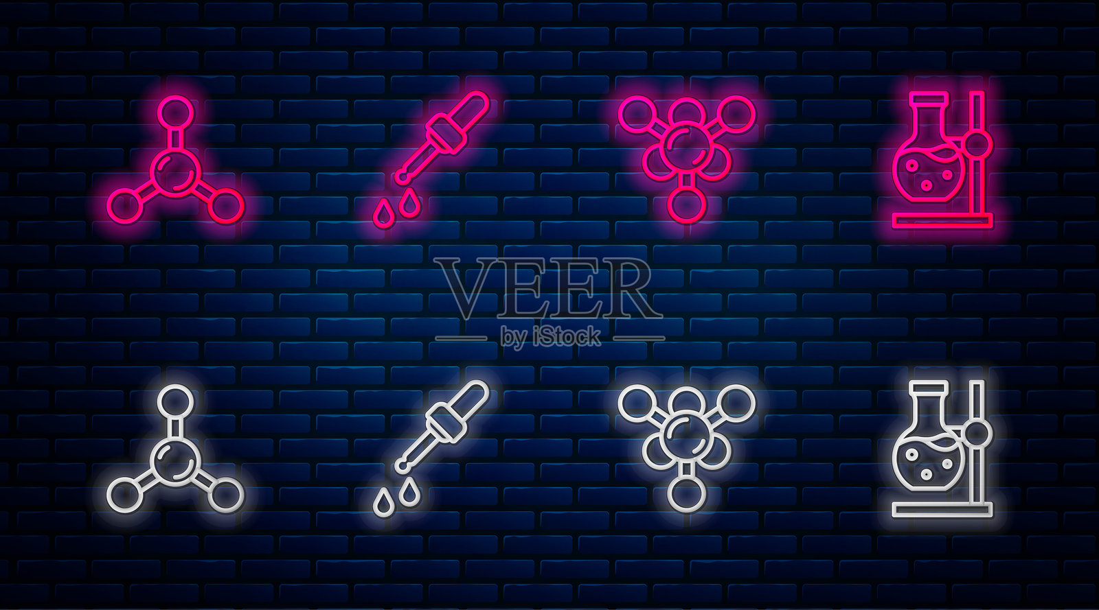 滴定管、分子和试管烧瓶在支架上的线条图标。砖墙上的发光霓虹灯图标。矢量图插画图片素材