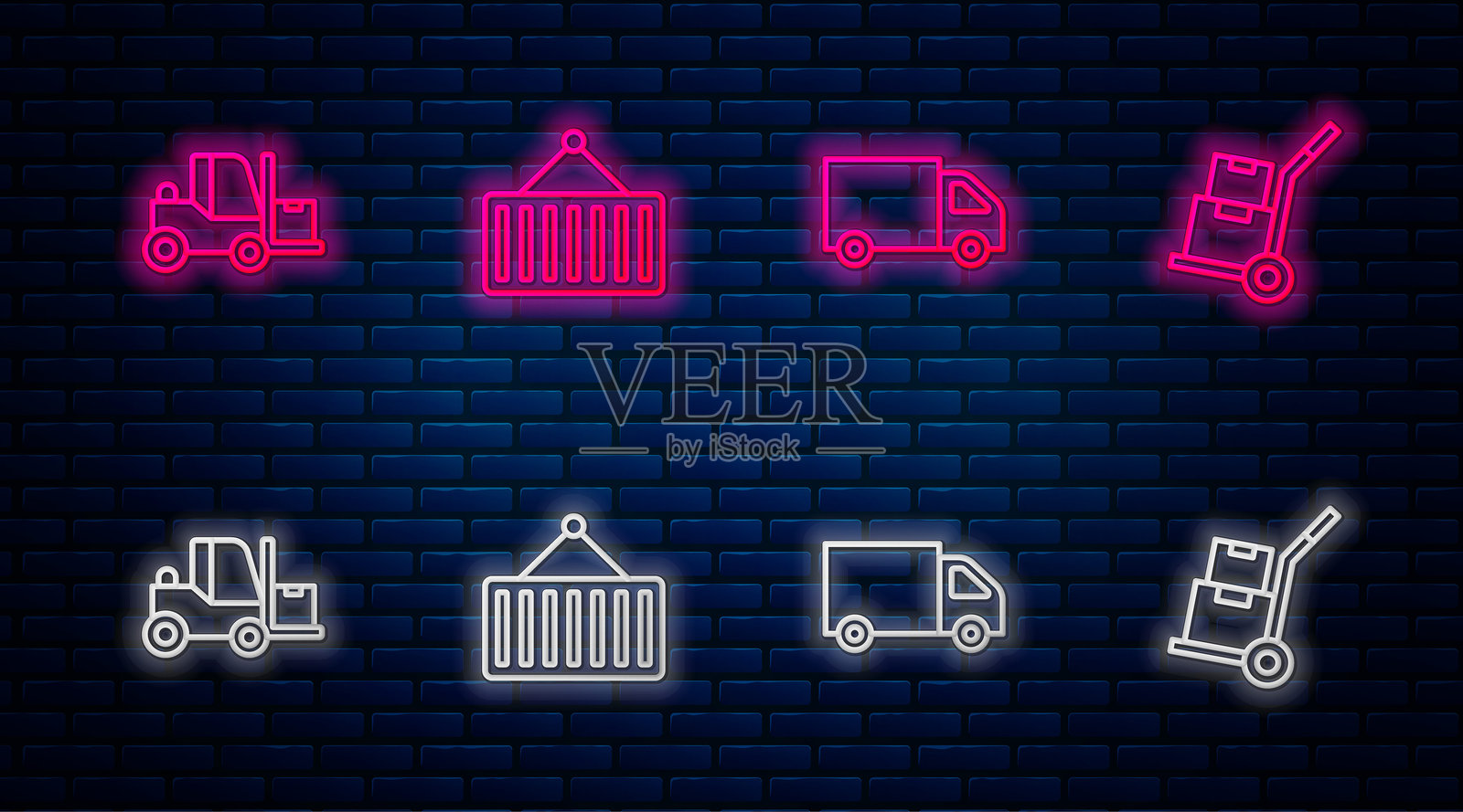 集装箱在起重机上，货运卡车，叉车和人与箱子。砖墙上的发光霓虹灯图标。矢量图插画图片素材