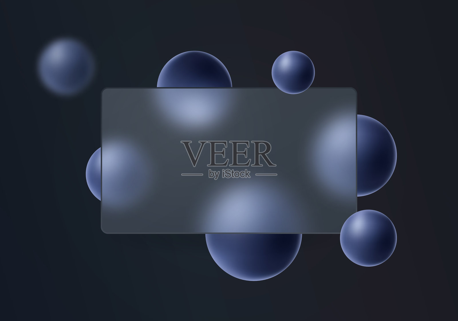 带有半透明玻璃横幅和漂浮蓝色球体的深色抽象背景插画图片素材