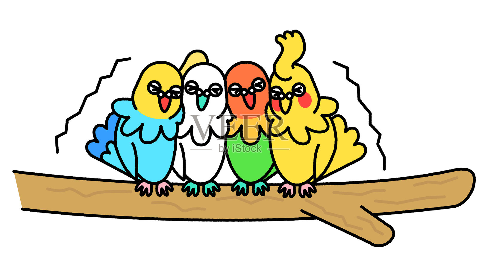 一只树枝上摇摆的四只惊讶的鹦鹉的滑稽插画插画图片素材