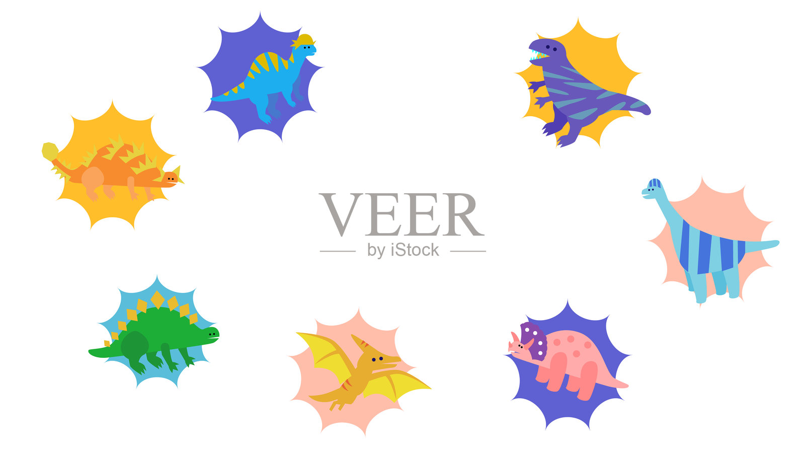 一组可爱的恐龙插画，采用流行对话气泡风格设计排列插画图片素材