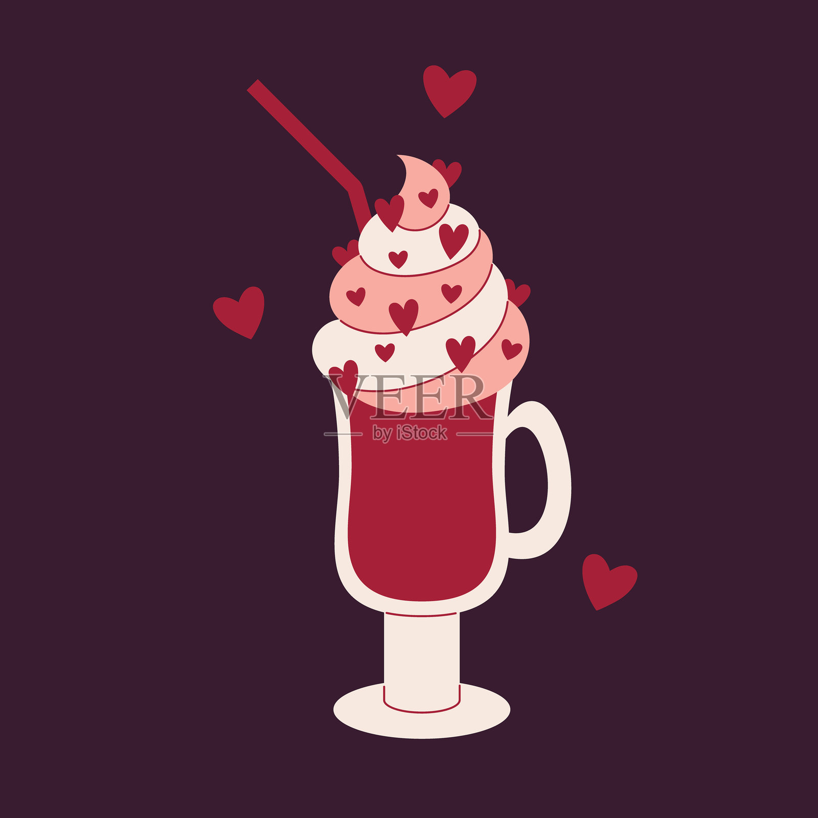 带有奶油和心形装饰的甜点饮品，浪漫的情人节主题矢量图插画图片素材