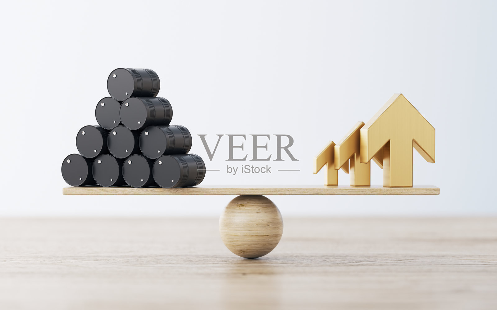 木制跷跷板上的黑色石油桶和金币堆，上面有美元标志——金融与经济概念照片摄影图片