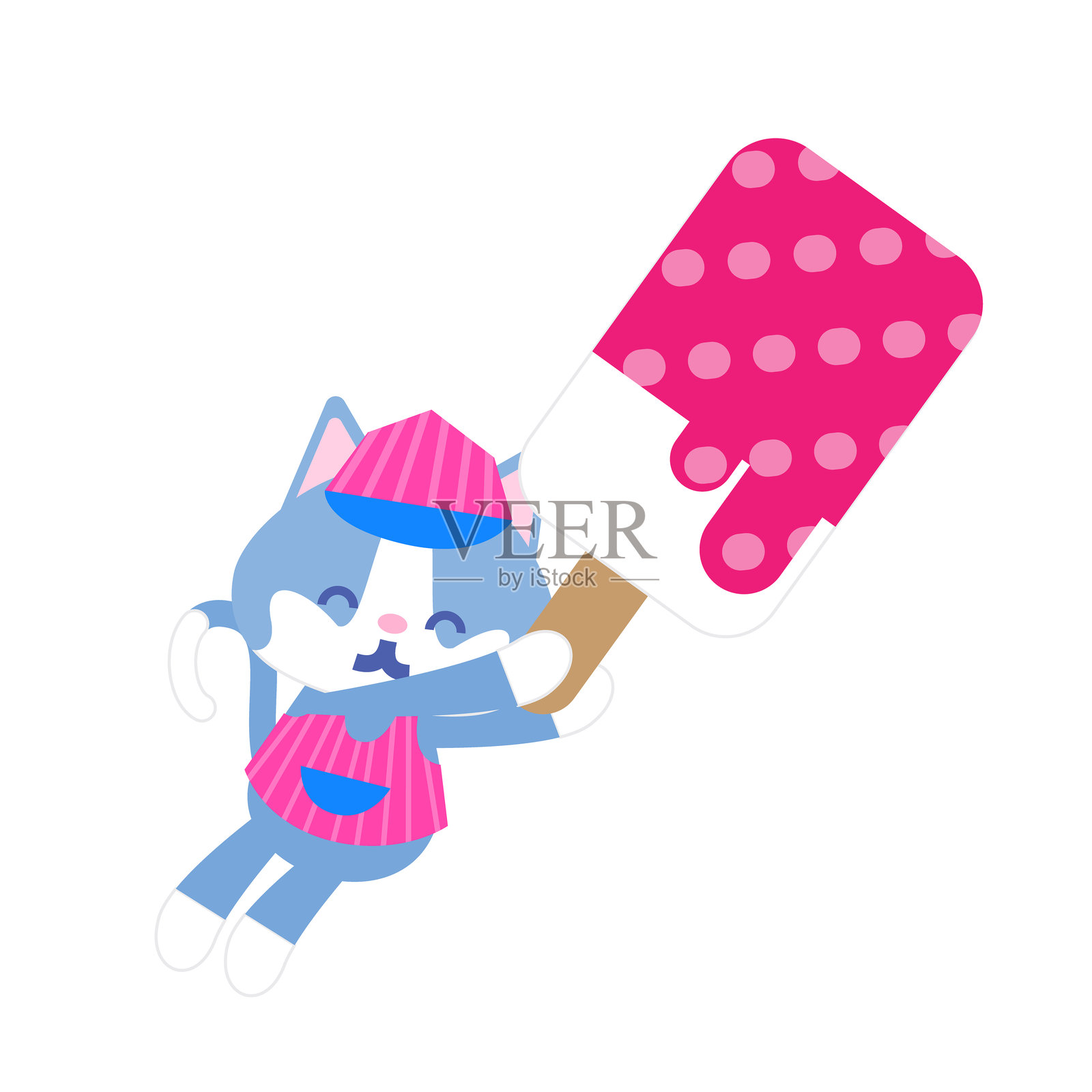 冰淇淋店里一只可爱的猫咪，手里拿着一个大冰棒的插画插画图片素材