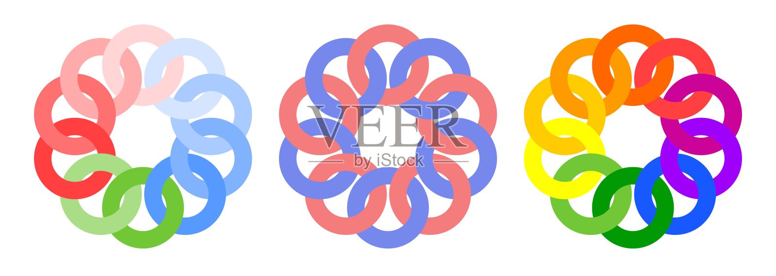 一套相互缠绕、连续的圆形环，组成链条链接，采用彩虹色、柔和色调和双色调插画图片素材