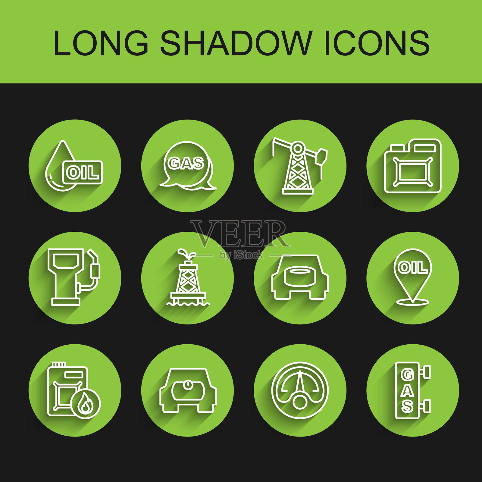 汽车图标：机油罐、油箱、油滴、油量表、加油站、钻井平台、加油点和备胎的组合线条图。插画图片素材