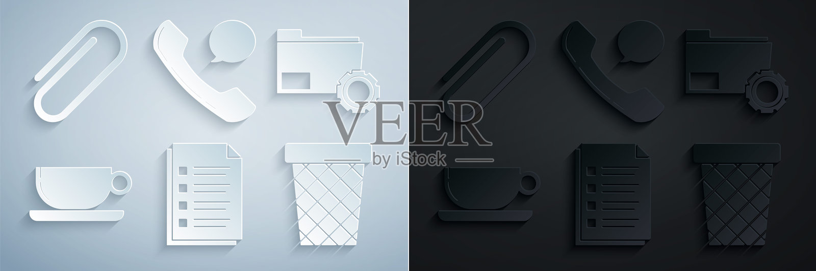 文件集文档、齿轮设置文件夹、咖啡杯、垃圾桶、电话听筒和聊天气泡、回形针图标。矢量图插画图片素材