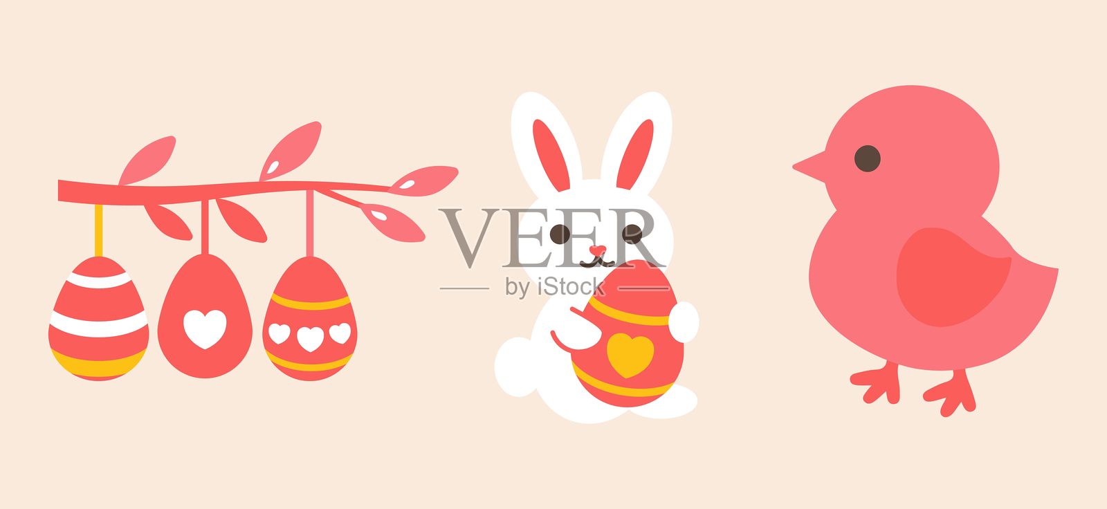 可爱的复活节套装。春季系列复活节兔子、小鸡、彩蛋、柳枝。适用于海报、卡片、剪贴簿、贴纸。扁平化风格。Eps10插画图片素材