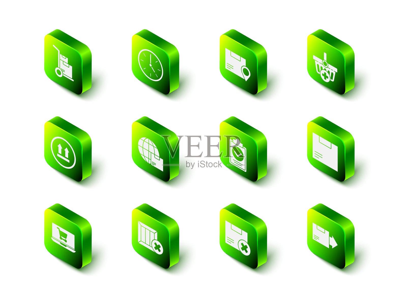 设置时钟、带纸板箱的地点、添加到购物车、纸箱、剪贴板上的送货单验证、删除和木制图标。矢量图插画图片素材