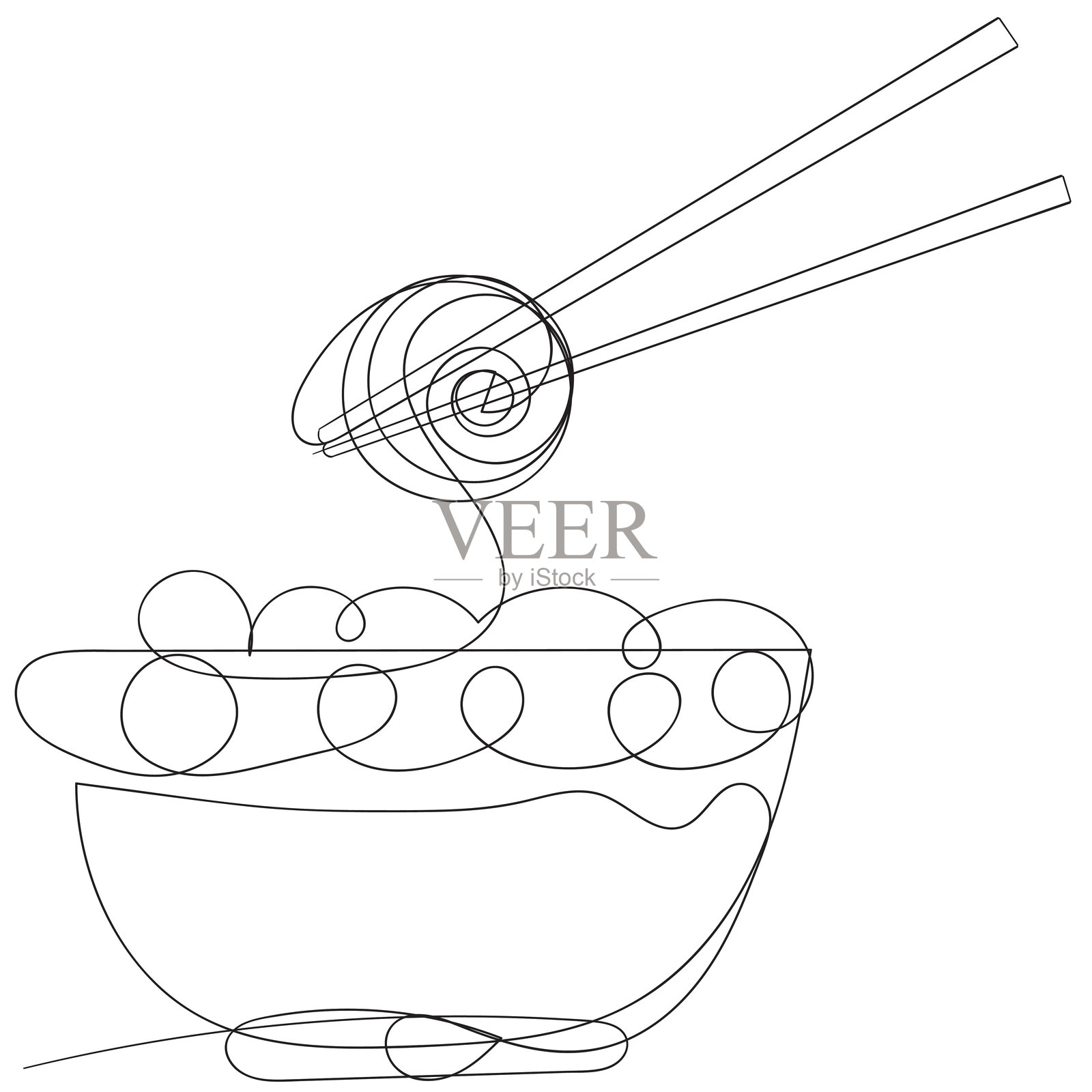 碗和面的连续单线条画，配有筷子。单线条矢量插画的筷子和碗。可编辑描边。插画图片素材