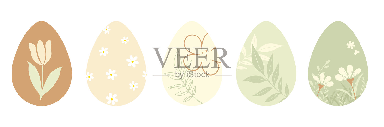 柔和粉彩印花复活节彩蛋套装，饰以植物叶子和春季花朵插画图片素材
