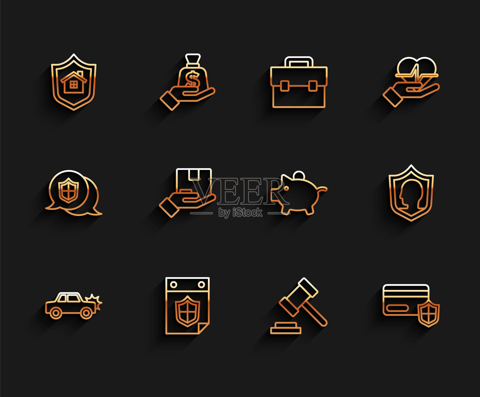 汽车、带盾牌的日历、房屋、法官槌、信用卡、送货保险、人寿和储蓄罐图标的线条组合。矢量图插画图片素材