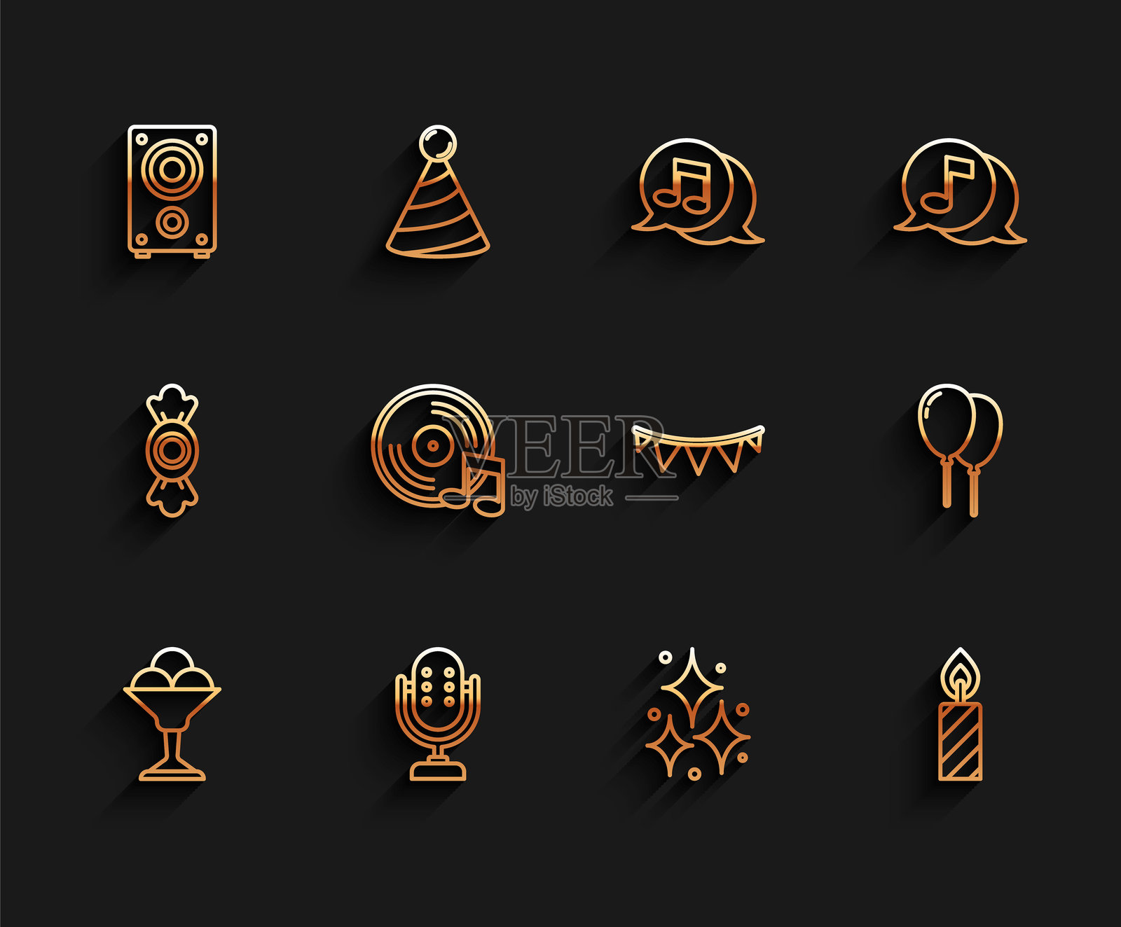 碗装冰淇淋、麦克风、立体声音响、烟花、生日蛋糕蜡烛、黑胶唱片、带丝带的气球和嘉年华彩旗图标的线性集合。矢量图插画图片素材