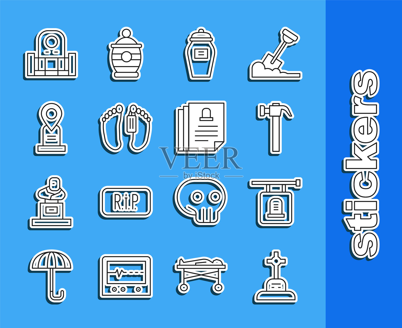 墓地线条图标，包含十字架、墓碑指示牌、锤子、葬礼骨灰瓮、尸体、墓地位置和死亡证明图标。矢量图。插画图片素材