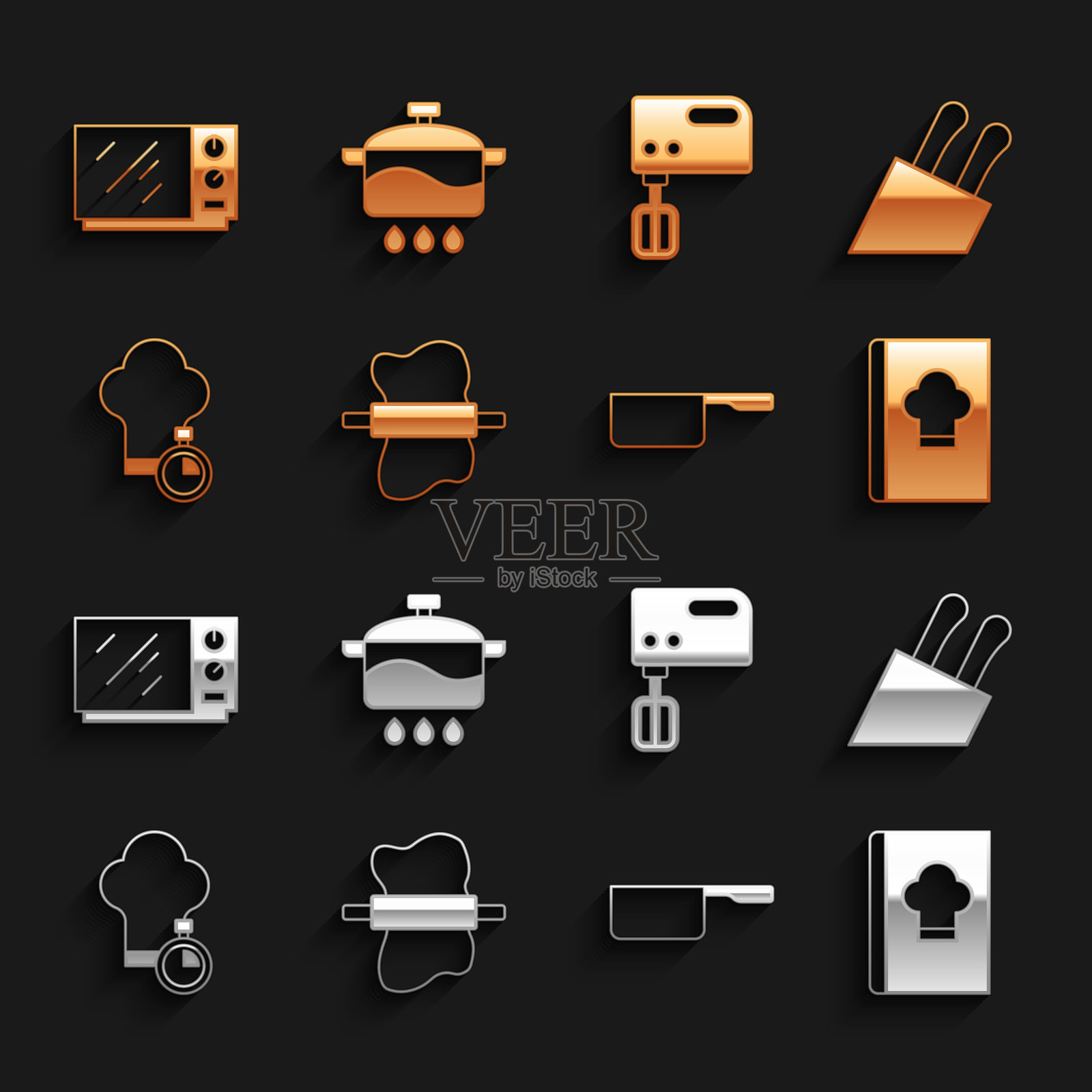 设置擀面杖在面团上，刀，食谱，平底锅，厨师帽，电动搅拌器，微波炉和锅图标。矢量图插画图片素材