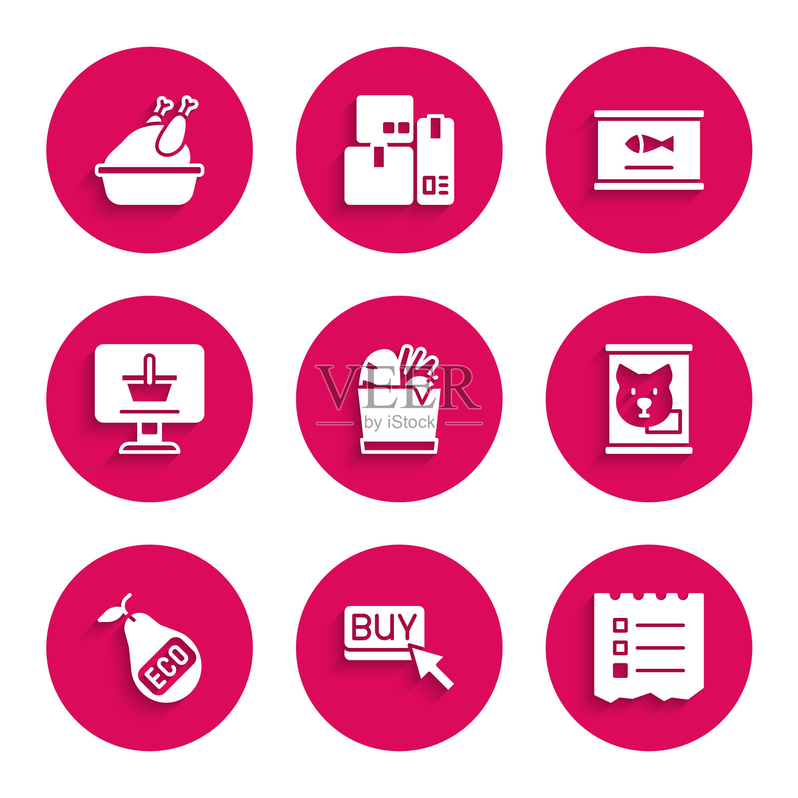 购物袋和食物，购买按钮，列表，罐头，健康的有机梨，购物车电脑，鱼和烤火鸡鸡肉图标。矢量图插画图片素材