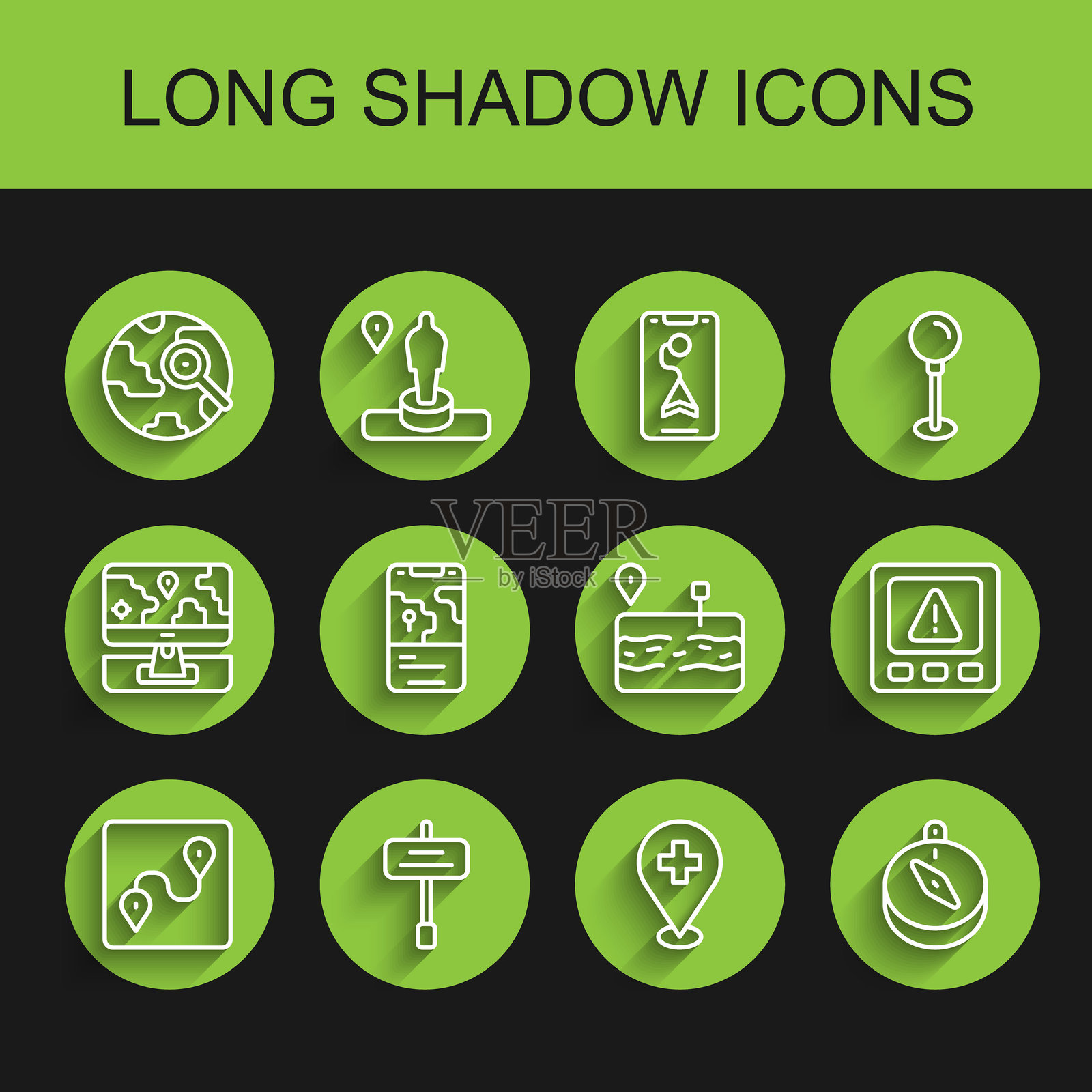 路线定位、交通路标、带地球的放大镜、医疗十字、指南针、城市地图导航、GPS设备错误和损坏道路图标的矢量图插画图片素材