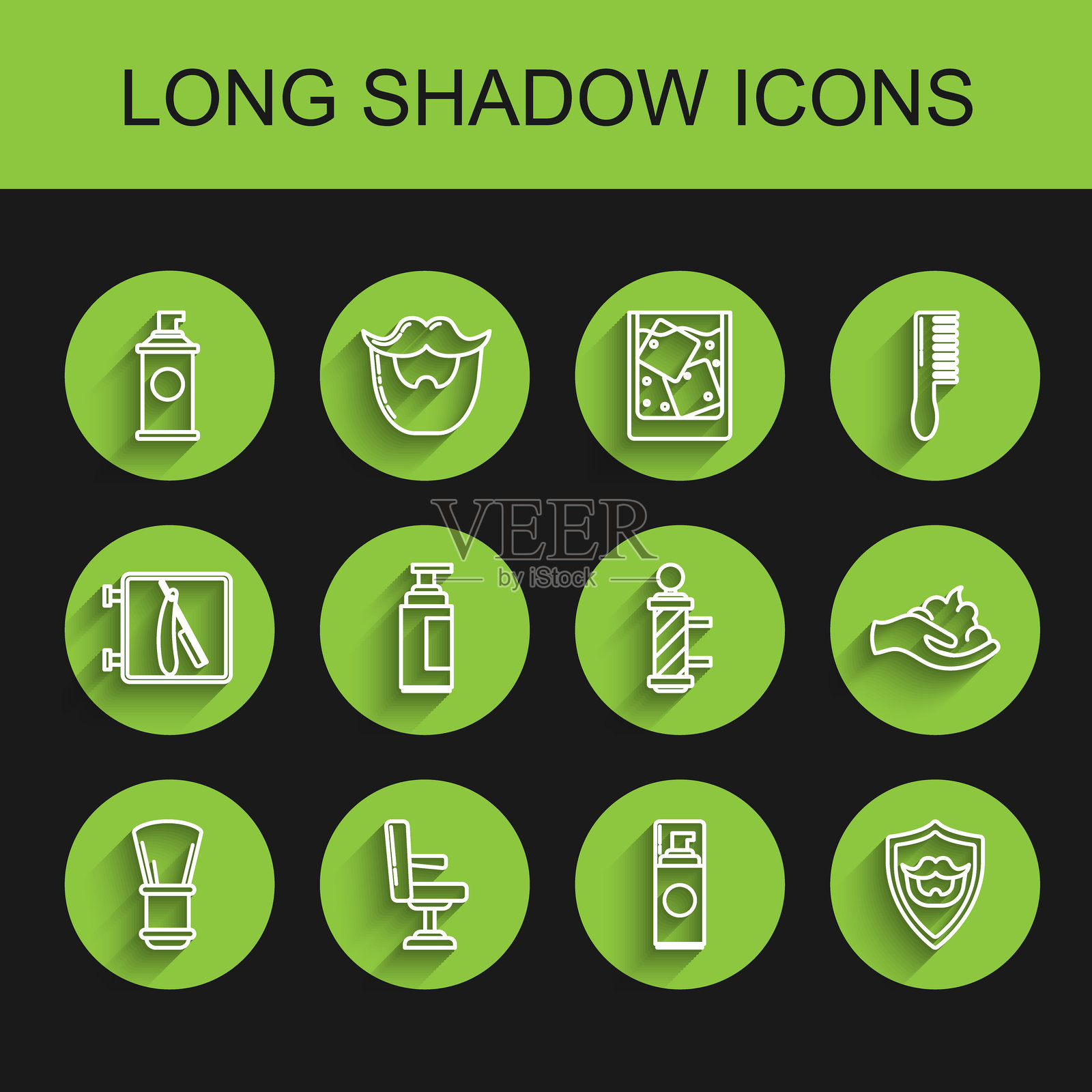 理发刷、理发椅、啫喱泡沫、胡须和胡子盾牌、护肤膏或乳液管、手和经典理发柱图标。矢量图插画图片素材