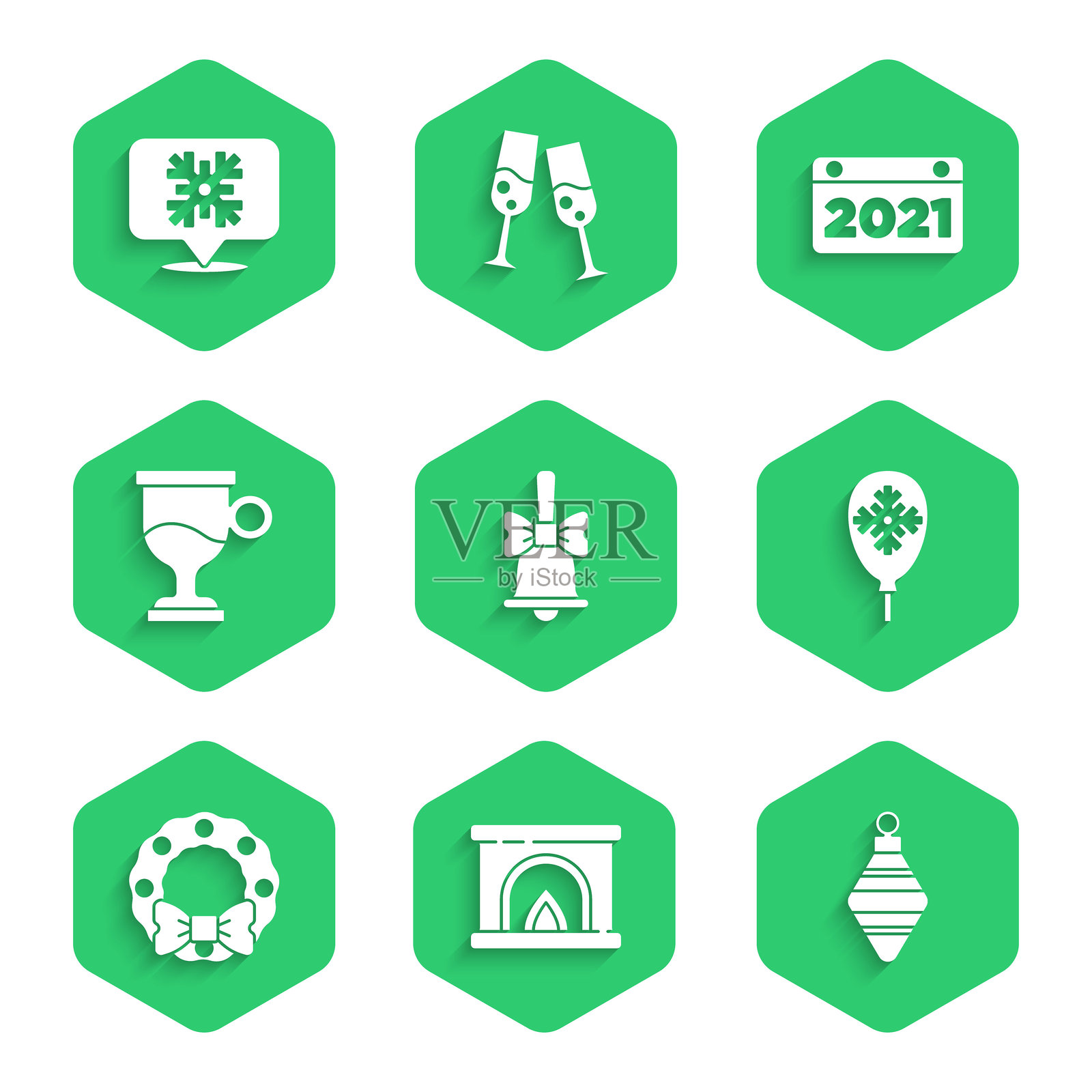 圣诞快乐铃铛、壁炉、彩球、雪花气球、花环、热红酒、日历和雪花对话框图标集。矢量图插画图片素材