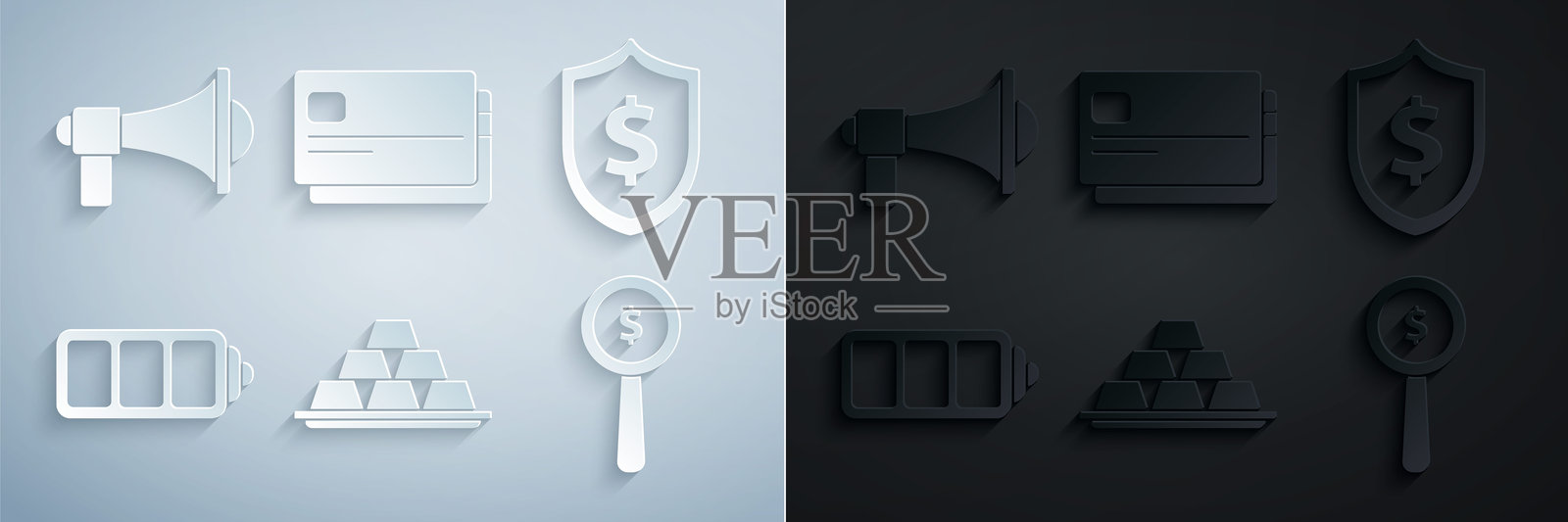 金色金条、带美元符号的盾牌、电池充电指示器、放大镜和信用卡及扩音器图标。矢量图插画图片素材