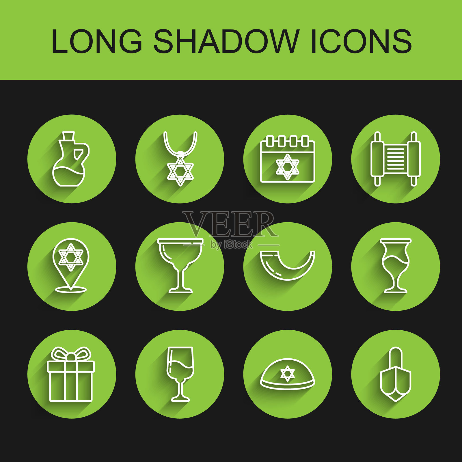 一套犹太教圣杯、橄榄油瓶、基帕帽、哈努卡陀螺和传统羊角号（Shofar）的线描图标。矢量图插画图片素材