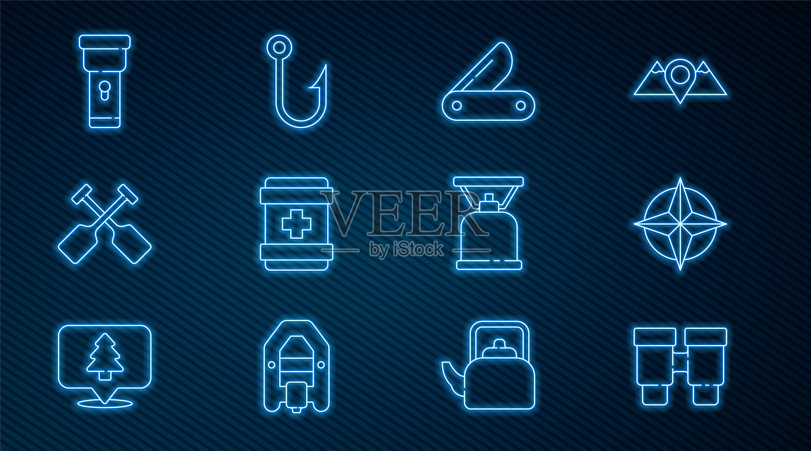 望远镜、风玫瑰、瑞士军刀、急救包、船桨、手电筒、露营气炉和鱼钩图标的线性集合。矢量图插画图片素材