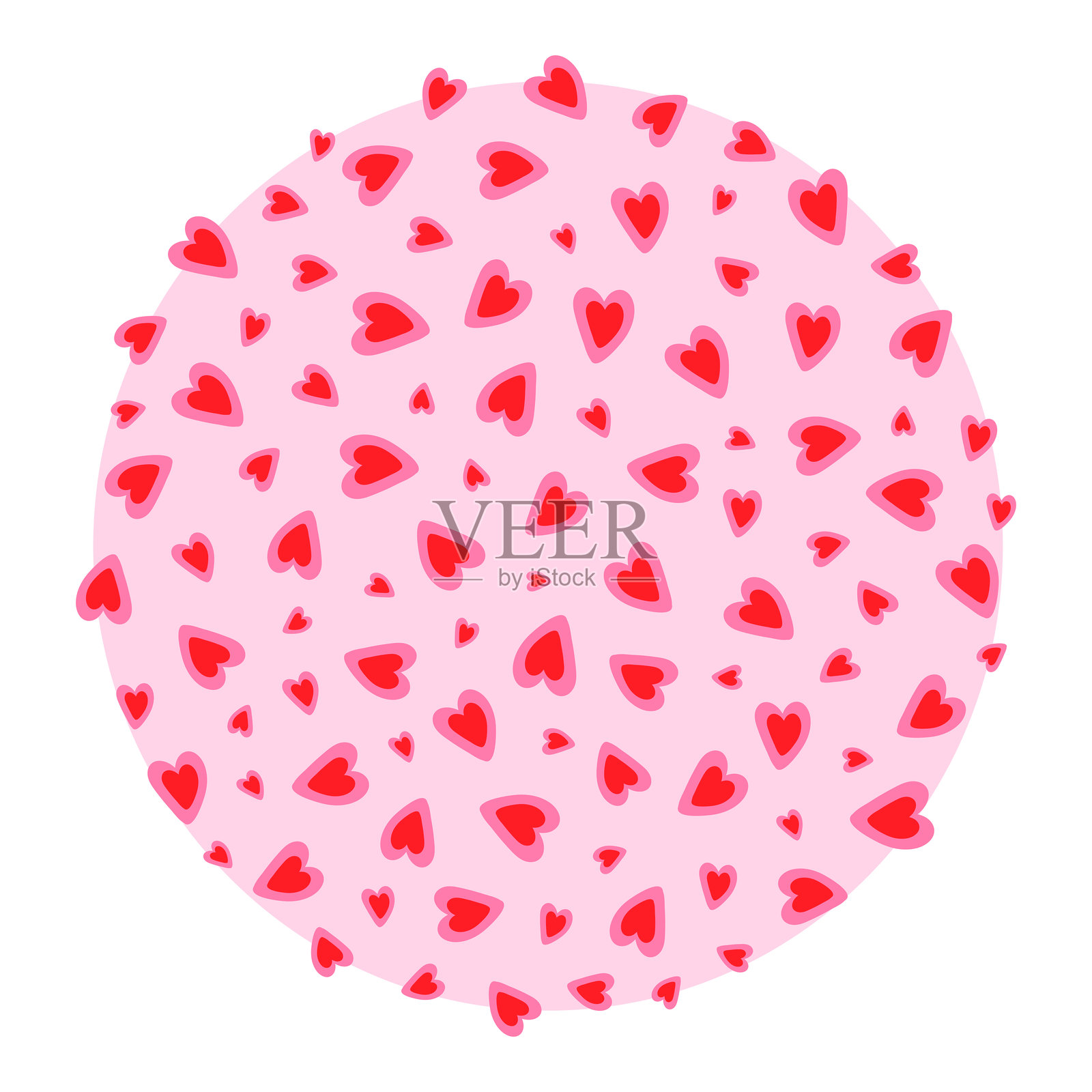 手绘爱心在粉色圆圈背景上，时尚的粉色爱主题，极简主义壁纸，扁平化设计插画图片素材