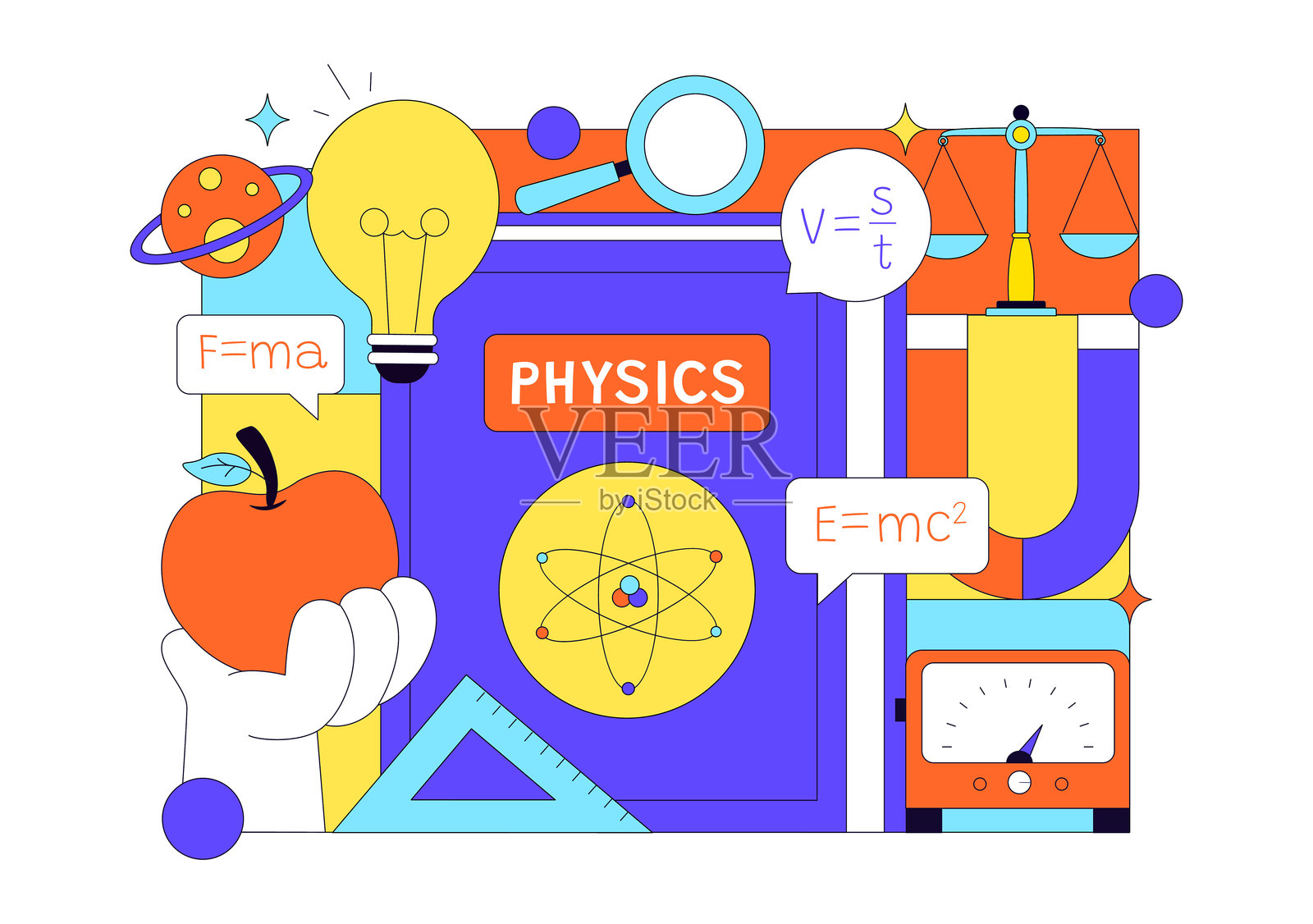 物理教育矢量图，展示学生们探索电学、磁学、光波、力学以及科技探索插画图片素材