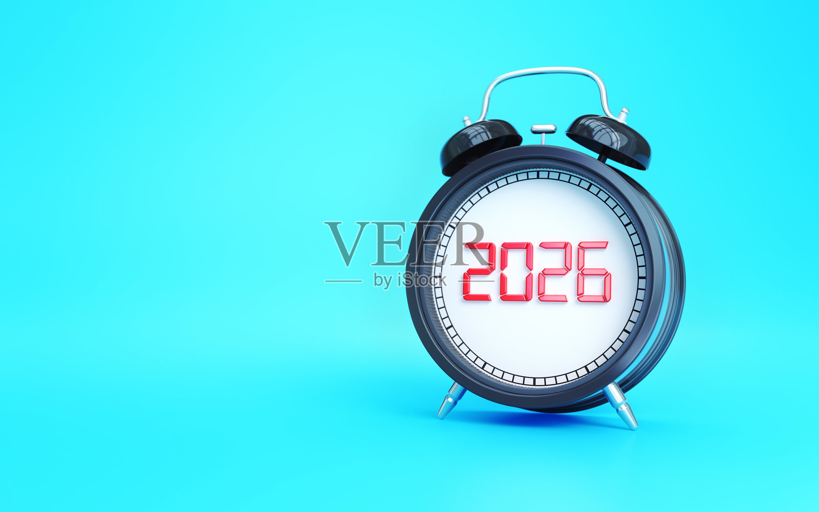 一个黑色的闹钟，竖立在一个无尽的绿松石色背景前，上面用红色写着“新年2026”。照片摄影图片