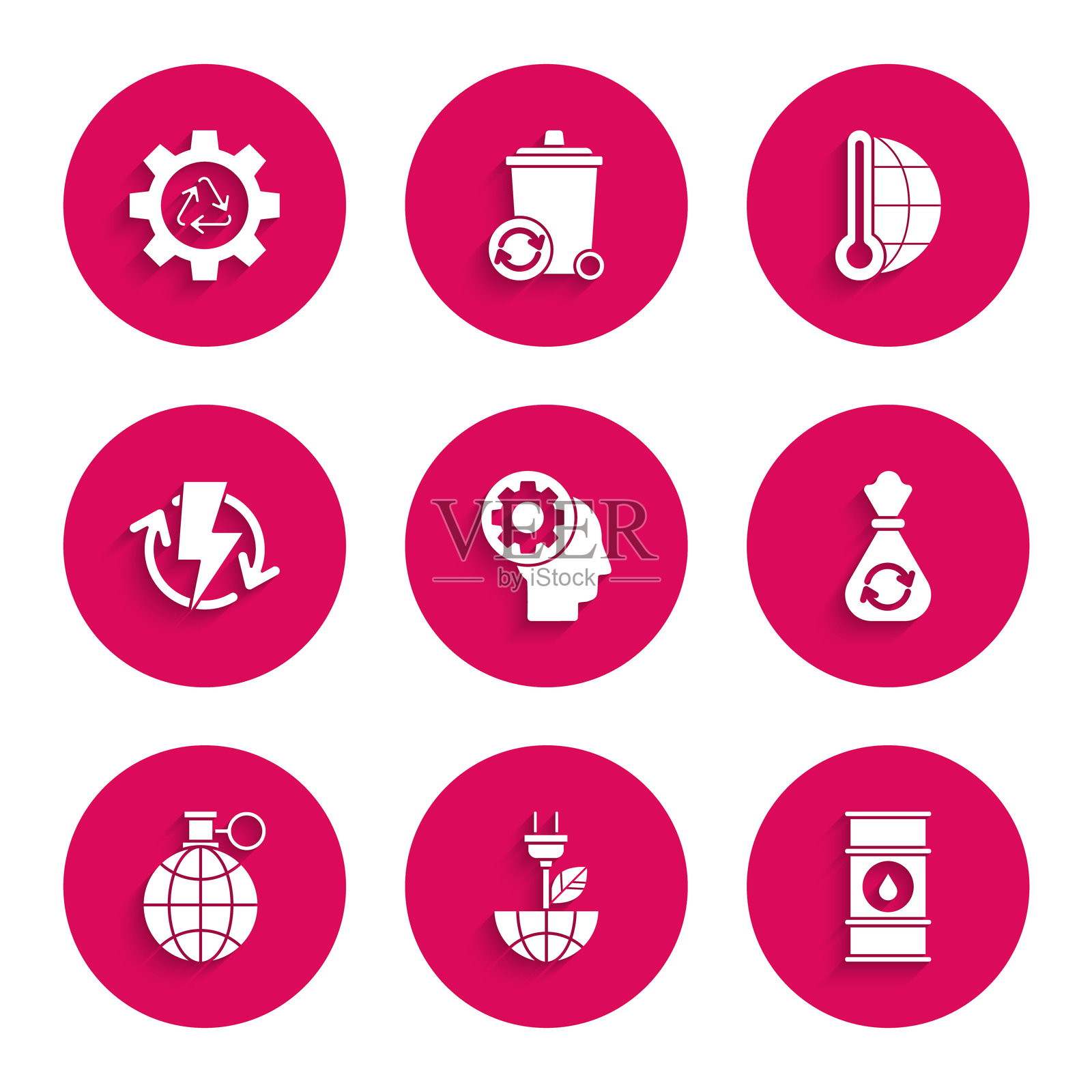 人类头部内含齿轮，油桶线条，垃圾袋回收，地球与回收标志，充电，气象温度计测量和回收标志图标。矢量图插画图片素材