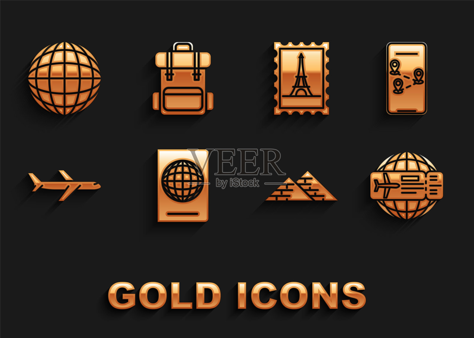 设置包含生物特征数据的护照、城市地图导航信息图、机票、埃及金字塔、飞机、邮票和埃菲尔铁塔、地球仪以及徒步背包图标。矢量图插画图片素材