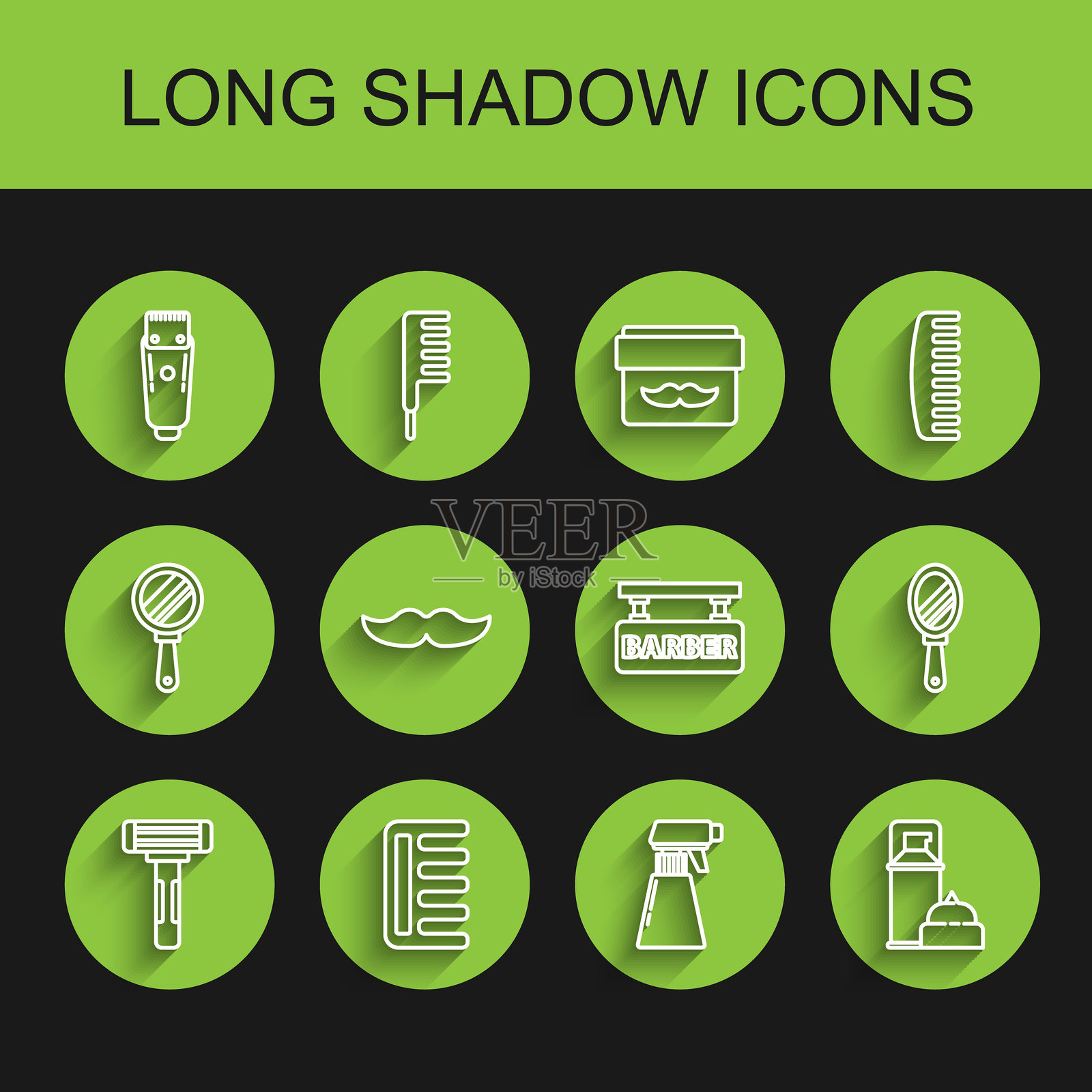 剃须刀、发刷、电推剪、理发师喷壶、啫喱泡沫、胡子、手镜和理发店图标的线性集合。矢量图插画图片素材