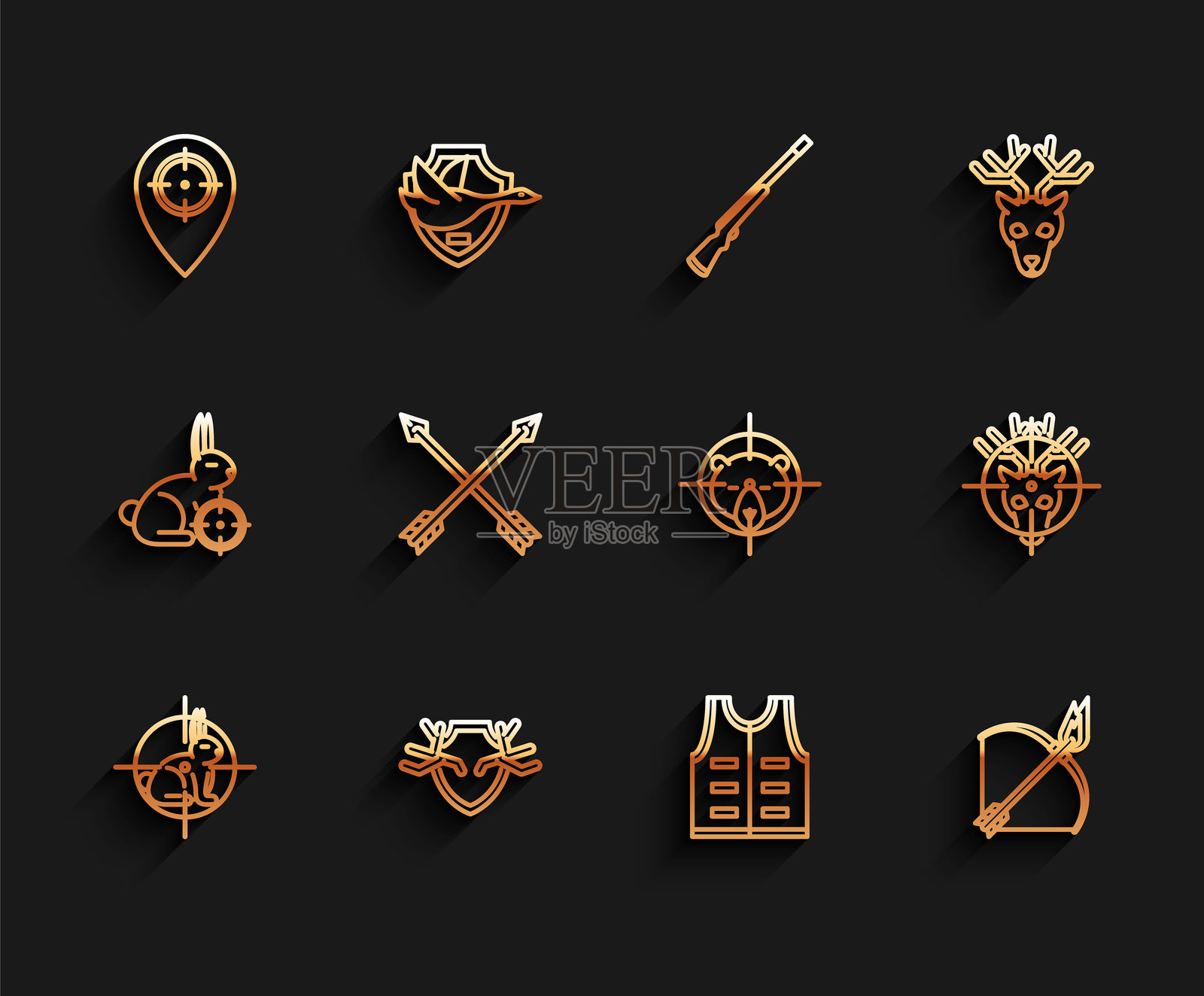 设置线条猎兔准星，鹿角盾牌，地点，狩猎夹克，弓箭和火焰箭，交叉箭，鹿和熊图标。矢量图插画图片素材