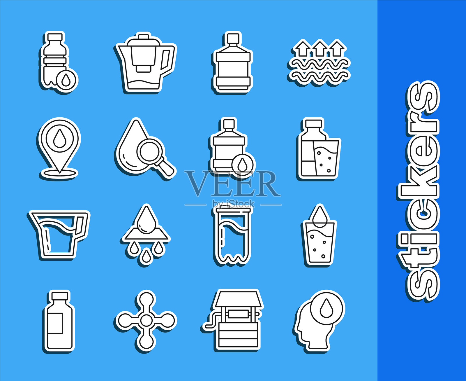 水滴、水杯、玻璃瓶、大号干净瓶子、带放大镜的水滴、地点和图标的线条集。矢量图插画图片素材
