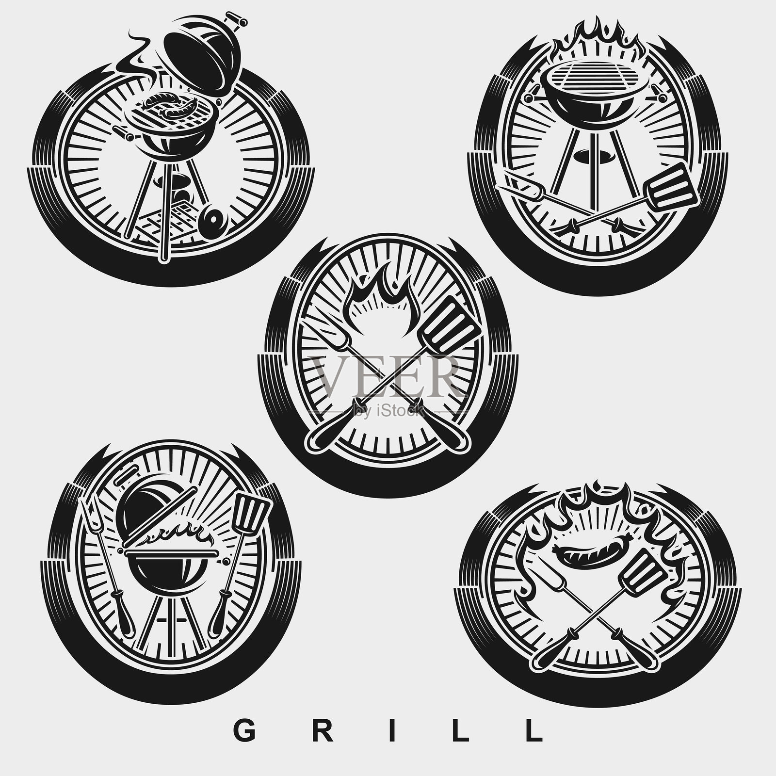 烧烤标签和元素集。烧烤图标集。矢量图插画图片素材