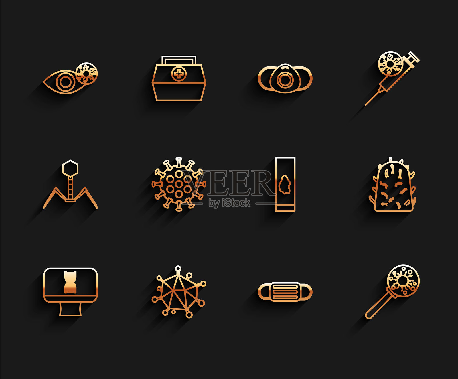 DNA螺旋与电脑、病毒、因病毒引起的发红眼睛、医用防护口罩、放大镜下的狂犬病和血液检测图标的线条组合。矢量图插画图片素材