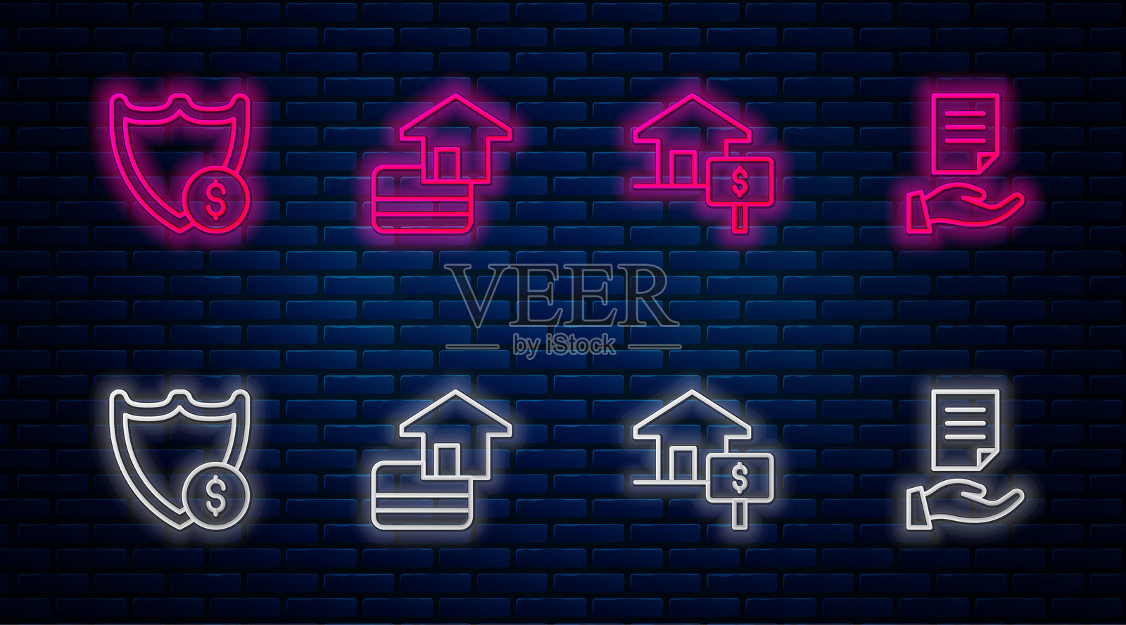 信用卡的线条图标、带美元的房屋、盾牌和合同。砖墙上的霓虹发光图标。矢量图插画图片素材