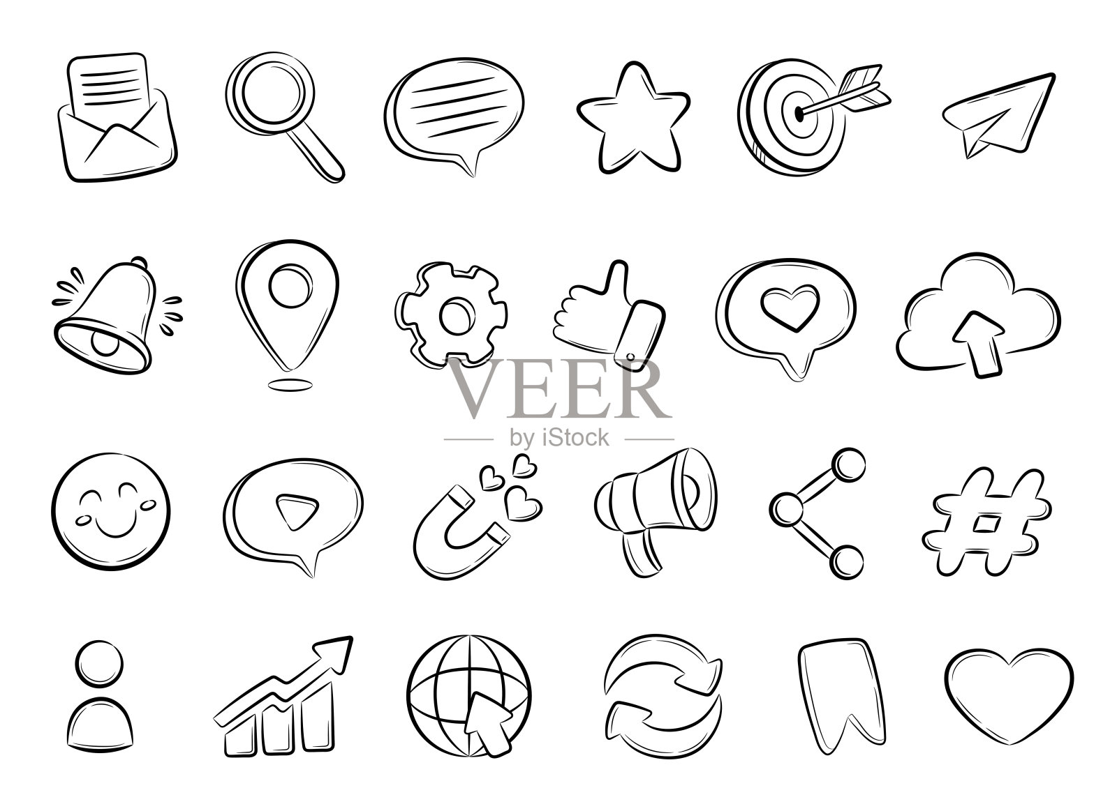 社交网络图标集。手绘涂鸦风格插画，白色背景。插画图片素材