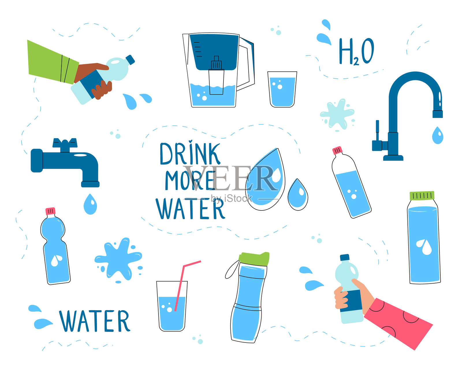 饮水矢量插画集。瓶子、玻璃杯、水龙头和滤水器图标，附有“多喝水”文字。健康生活和补水概念，孤立在白色背景上。插画图片素材