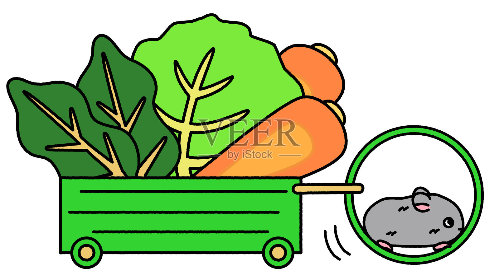 一只仓鼠拉着装满蔬菜的购物车在轮子上滑稽地前进的插画插画图片素材