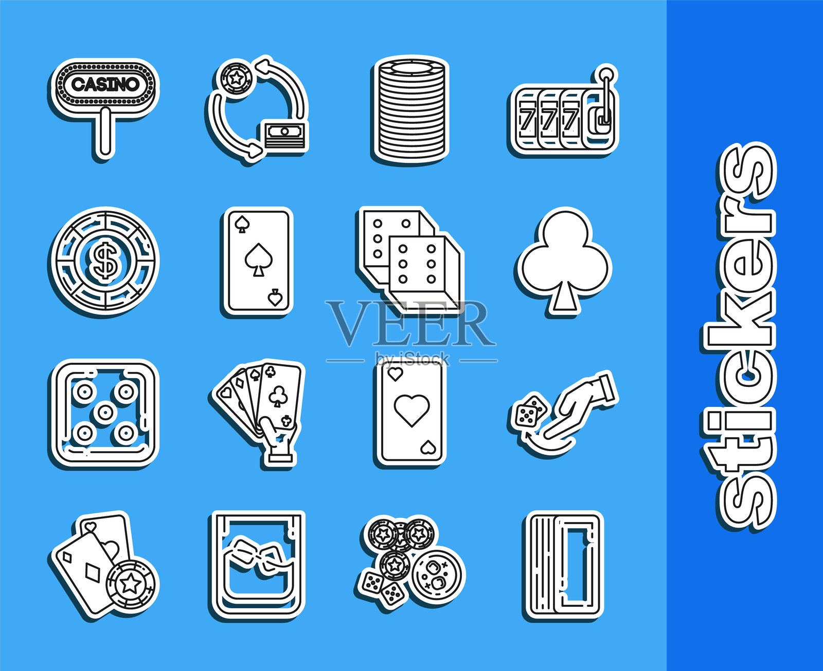 一副扑克牌，人手投掷骰子，梅花扑克牌，筹码，黑桃，美元，招牌和游戏图标。矢量图插画图片素材