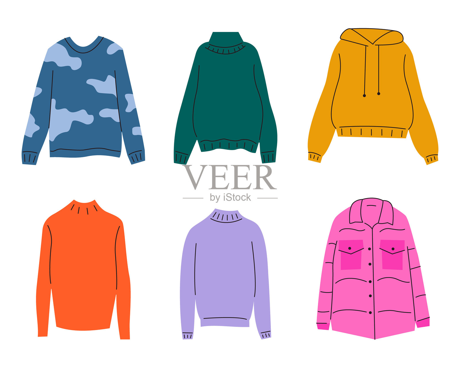 温馨的冬装和秋装矢量图集。色彩丰富的毛衣、连帽衫和夹克的扁平手绘插画，温暖的季节性时尚系列，孤立在白色背景上。插画图片素材