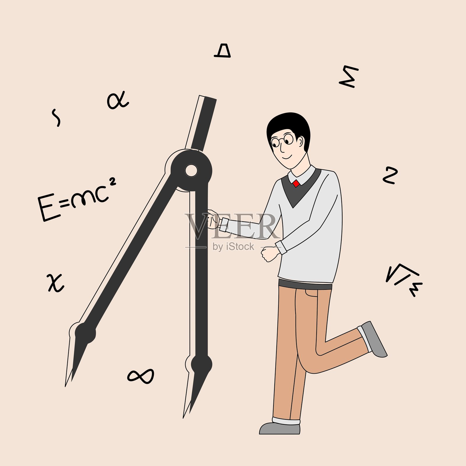 一个男人拿着尺子，站在公式前插画图片素材