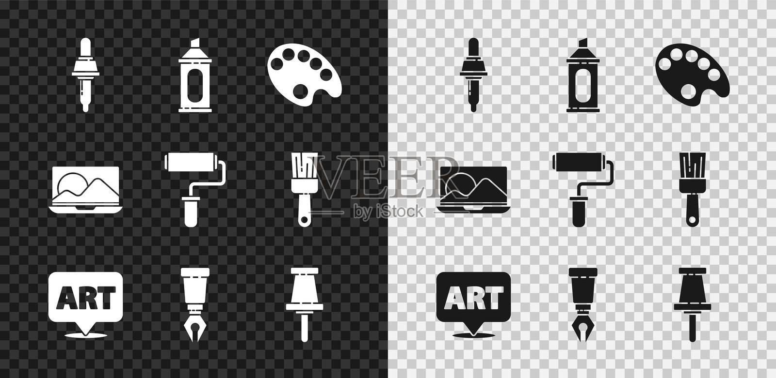 一套滴管、马克笔、调色板、带文字艺术的对话气泡、钢笔尖、图钉、笔记本电脑和油漆滚筒刷图标。矢量图插画图片素材