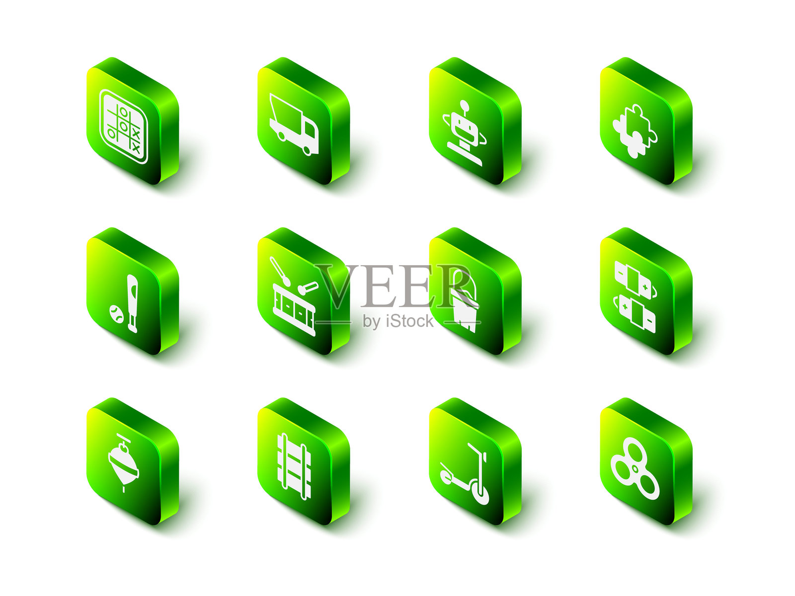 玩具卡车、机器人玩具、拼图块、电池、指尖陀螺、沙桶、滑板车和铁路图标套装。矢量图插画图片素材